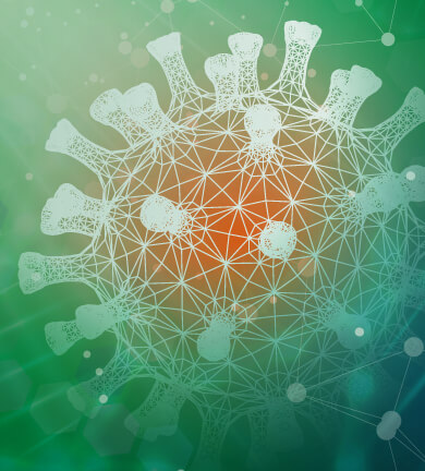 A computer generated image of a corona virus cell